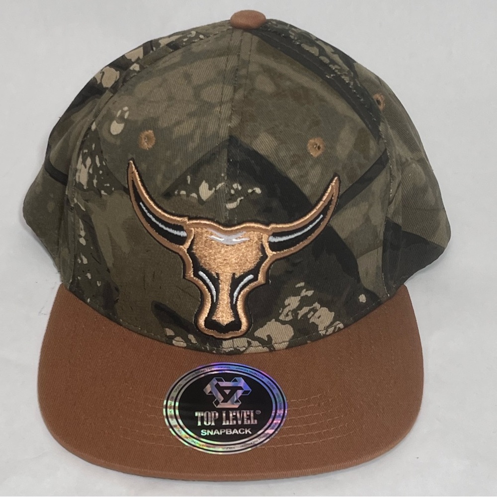 Top Level Bullhead Longhorn SnapBack Cap Camo Embroidered‎ Flat Bill